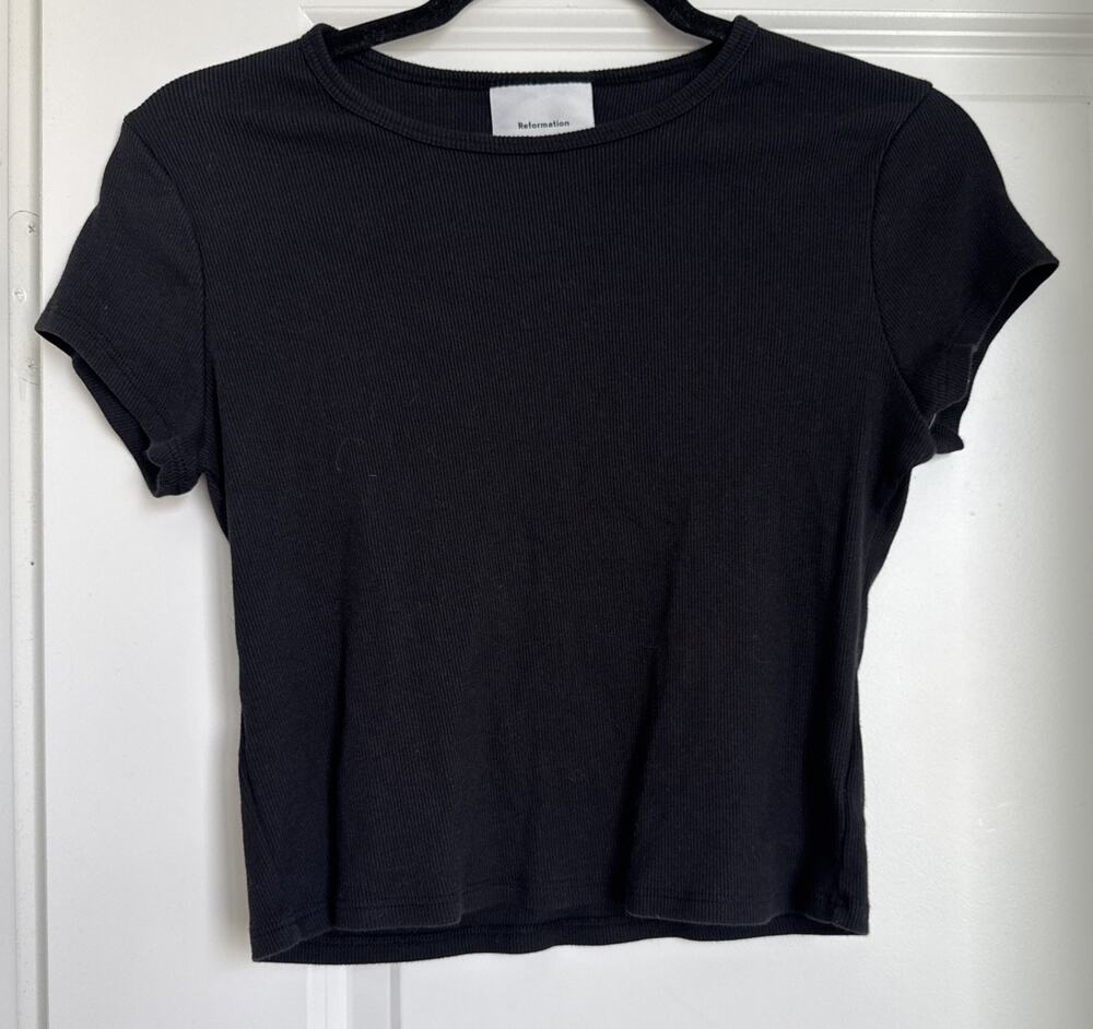 Reformation Muse Ribbed Crop Top Short Sleeve Tee In Black Women's Size Large